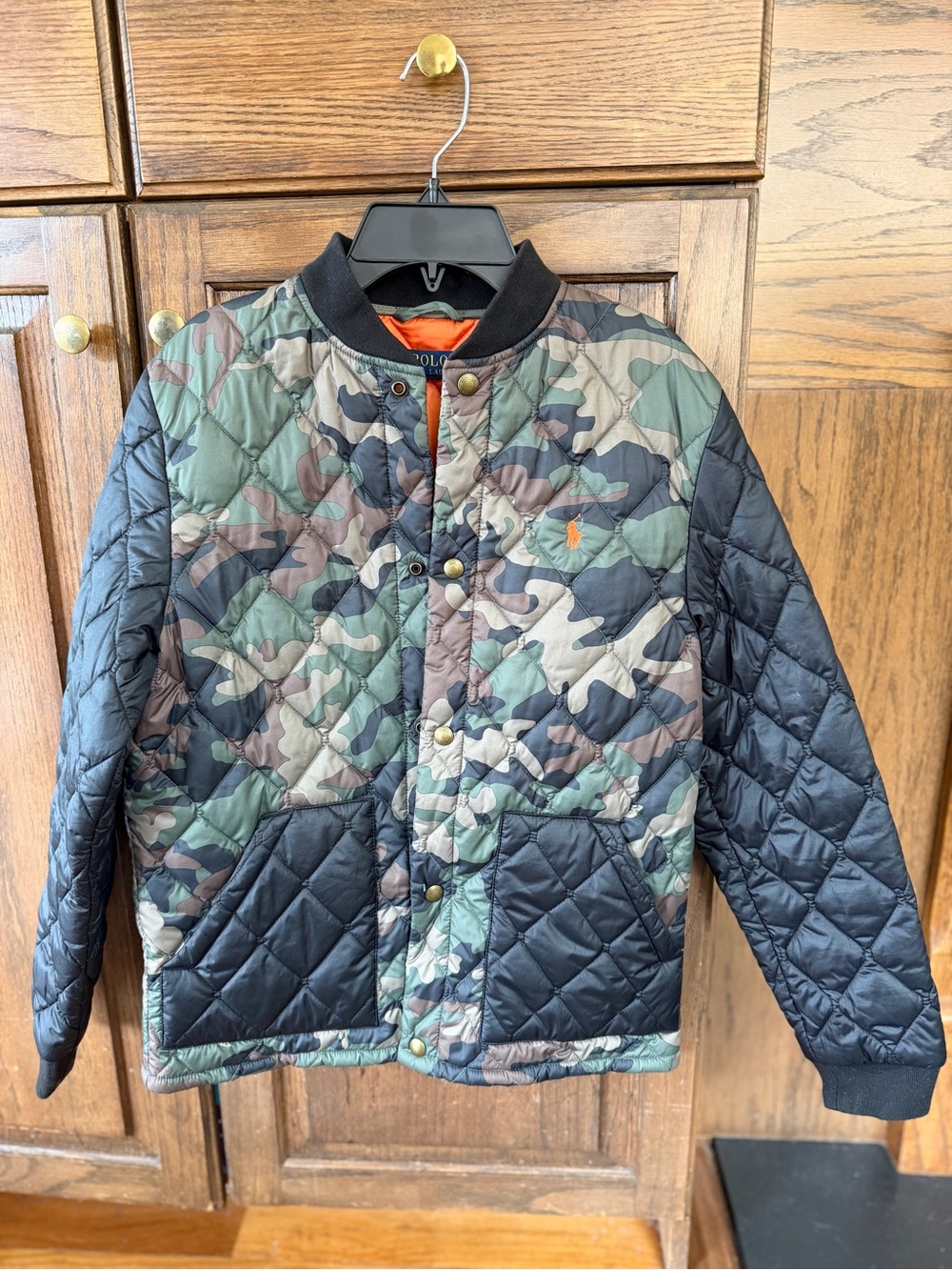 Polo Ralph Lauren Boys Quilted Camo Jacket L 14-16 Orange Pony